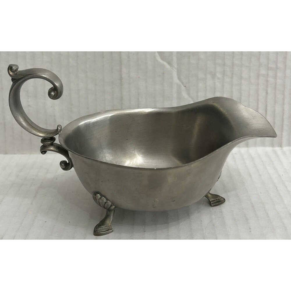 Vintage International Pewter Gravy Boat  #277 131 Footed Legs, Scroll Handle